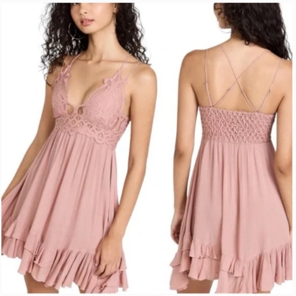 *New* Free People - Adella‎ Slip Dress Rose Pink boho lace bodice - medium - Picture 1 of 16